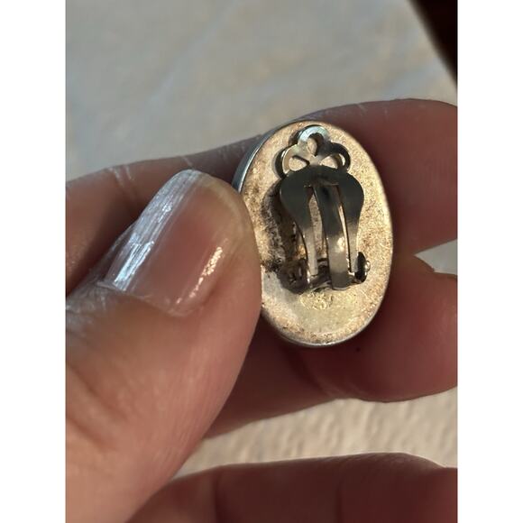 Vintage Taxco Mexico Sterling Silver Onyx Mahogany Obsidian Oval Clip Earrings - Picture 2 of 6